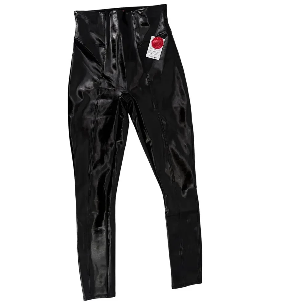 Spanx Faux Leather Shiny Wet Look Black High Rise Leggings Womens Size Small